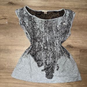 DKNY Heather Gray Top with Black Lace Overlay